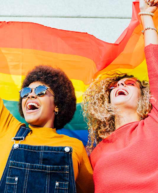 Happy humans cheering holding a rainbow pride flag.